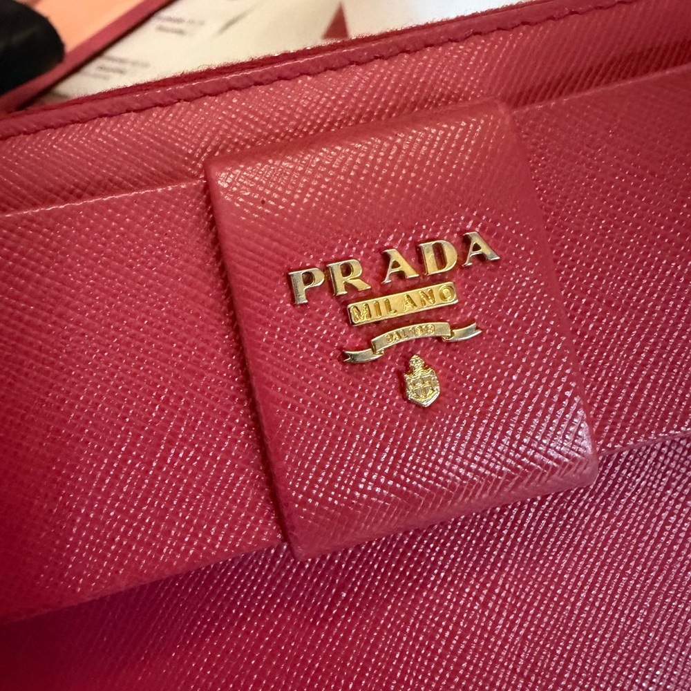 Prada Prada Red Saffiano Leather Bow Zip Around Wallet - Picture 12 of 12